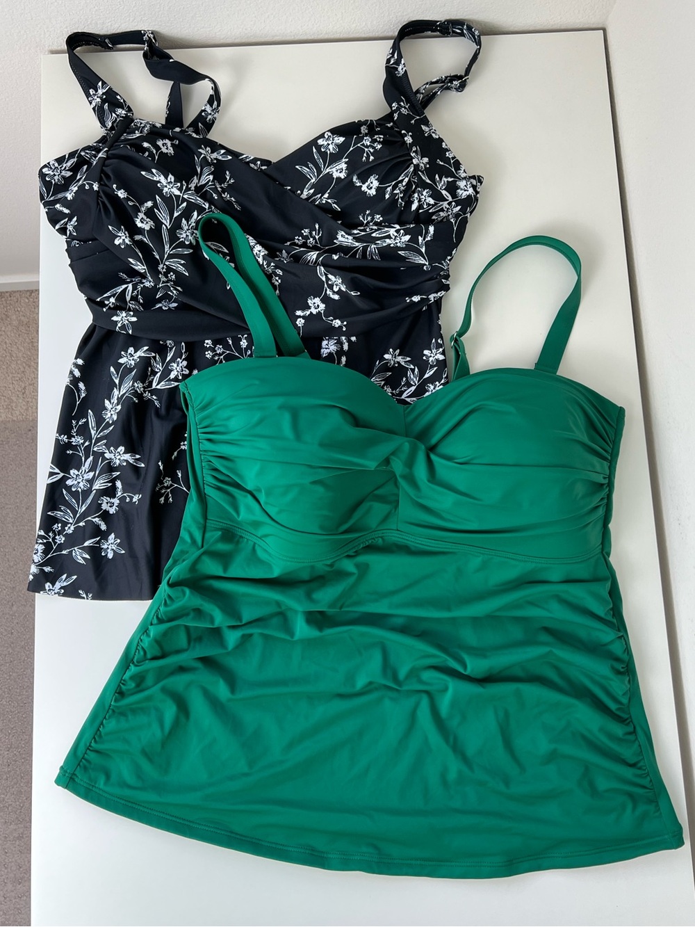Tankini Swim Top Bundle Green Ruched & Black Floral Vacation Tummy Control 2XL
